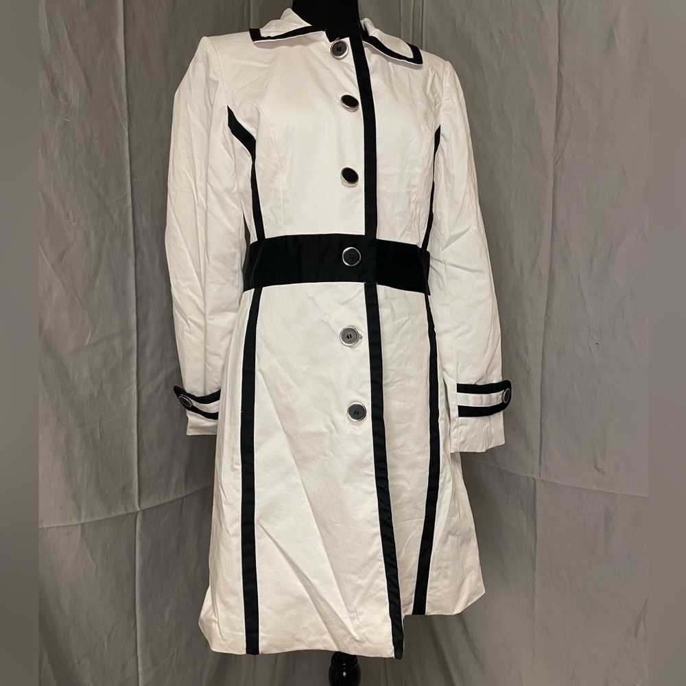 Alfani White Trench Coat with Black Trim - Picture 2 of 10